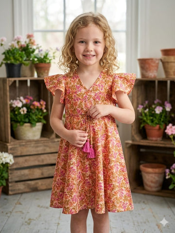 Baby Girls Orange Floral Printed Cotton Umbrella Style A-Line Dress with Flutter Sleeves