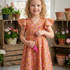 Baby Girls Orange Floral Printed Cotton Umbrella Style A-Line Dress with Flutter Sleeves
