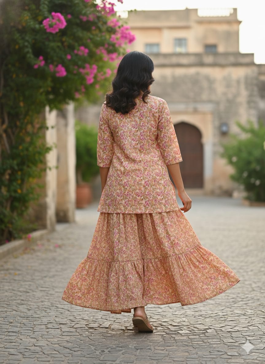 Women’s Floral Printed Cotton Kurta with Flared Skirt Set