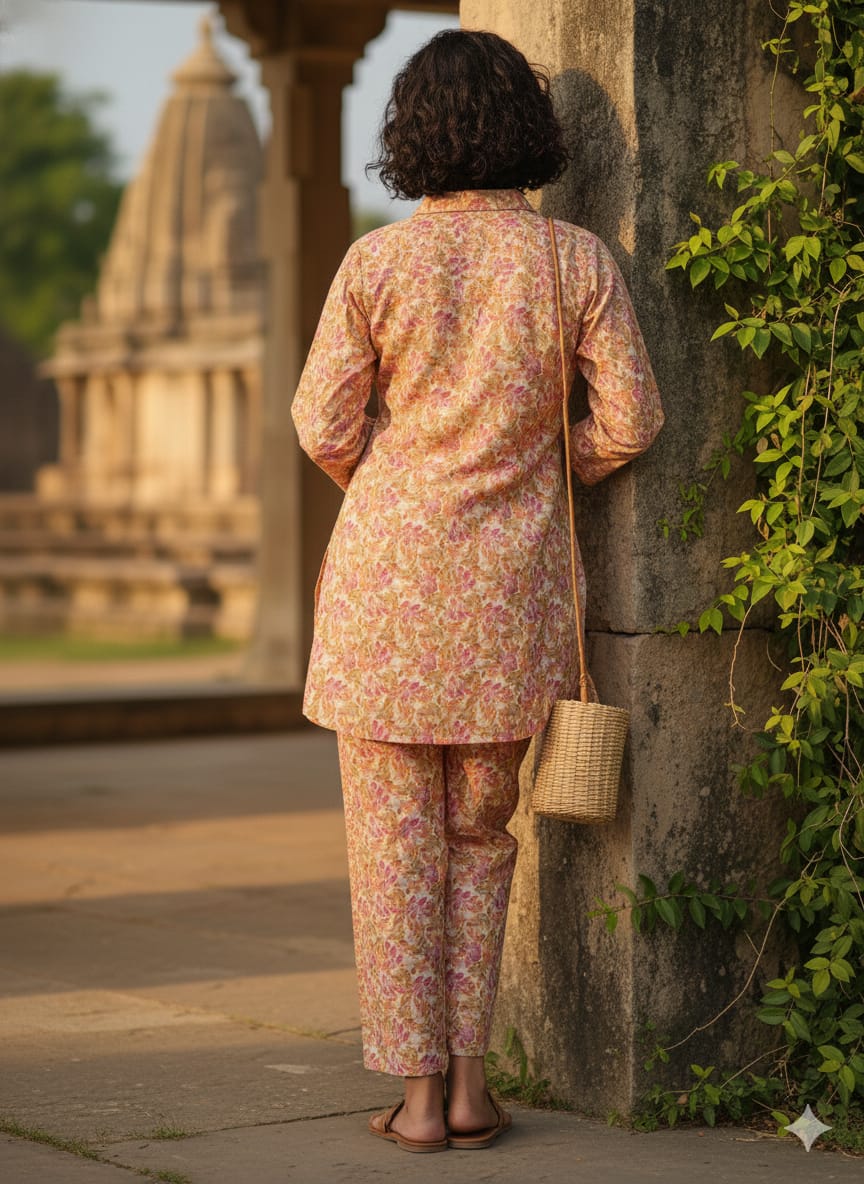 Women’s Orange Floral Printed Cotton Shirt & Pant Co-Ord Set