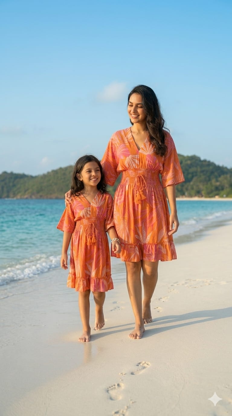 Mom & Me Orange Leaf Printed Cotton Kaftan A-Line Dress