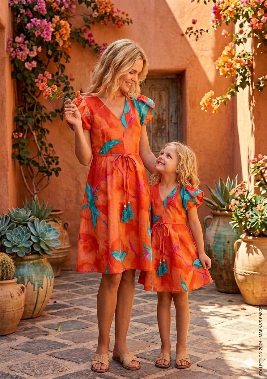 Mom & Me Orange Marbel Printed Cotton Kaftan A-Line Dress