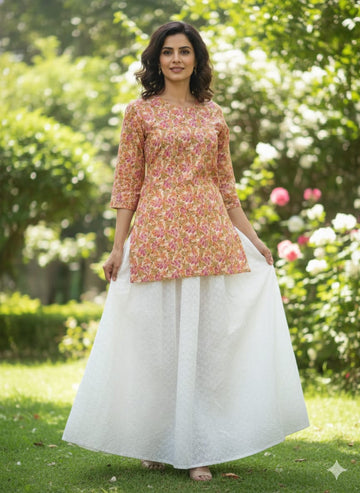 Women’s Floral Printed Cotton Kurta with Chikankari Flared Skirt Set