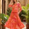Women’s Orange Leaf Printed Cotton Kurta with Flared Skirt Set