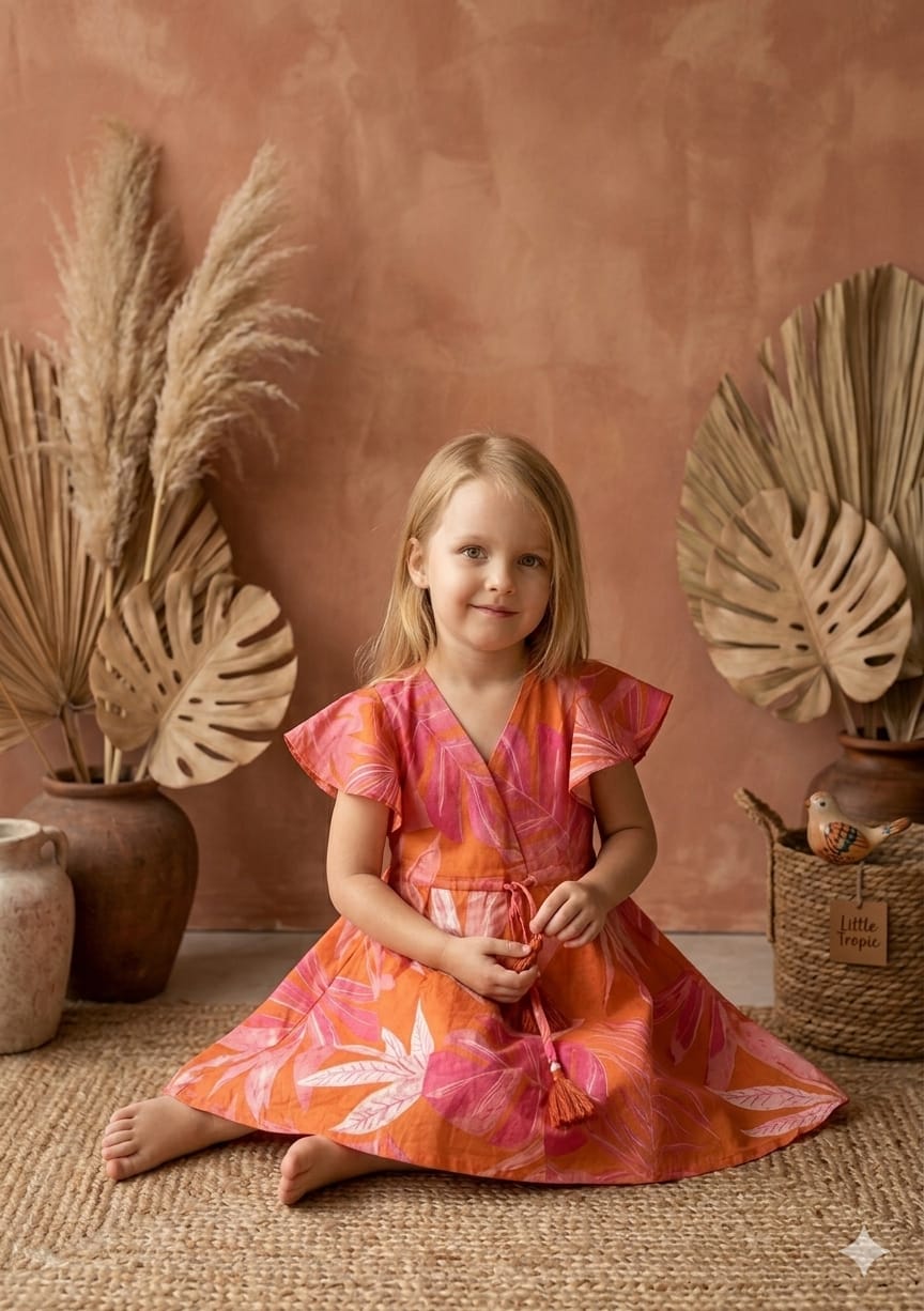 Baby Girls Orange Leaf Printed Cotton Umbrella Style A-Line Dress with Flutter Sleeves
