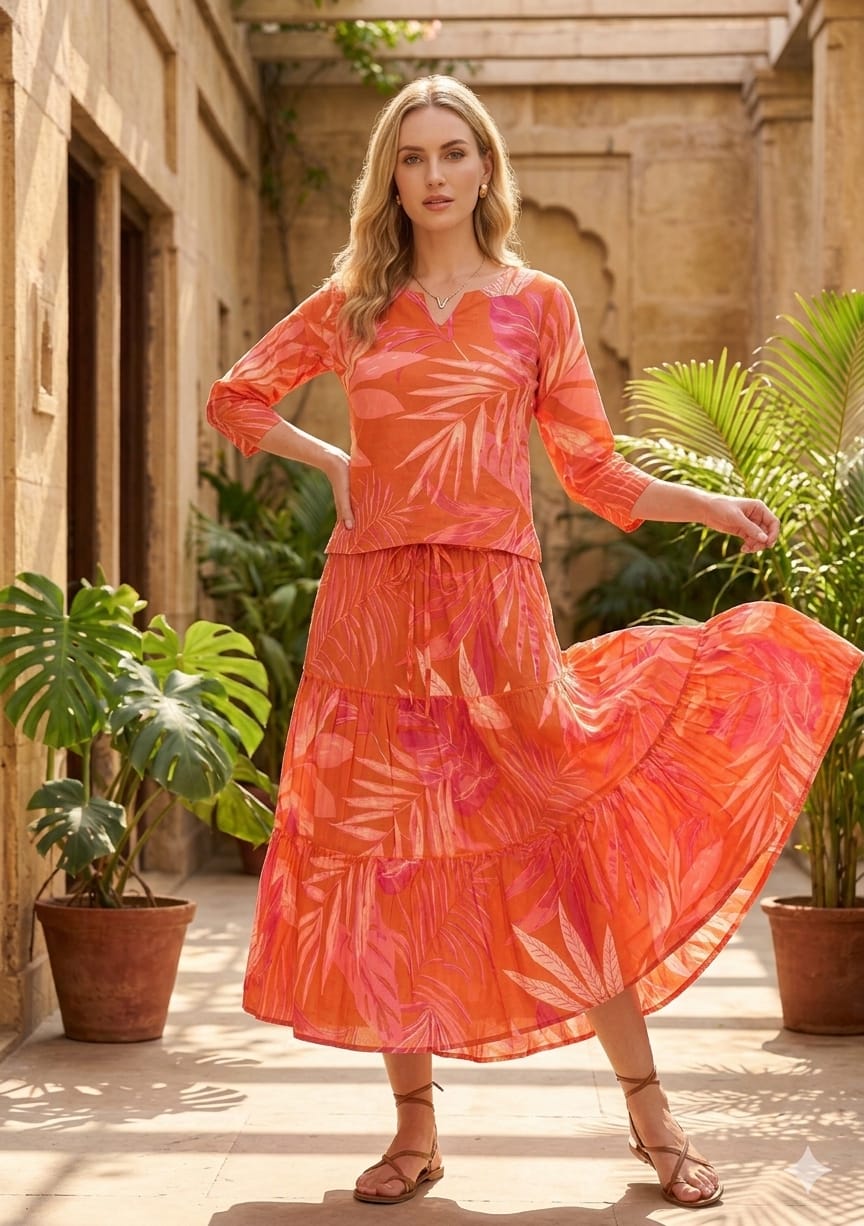 Mom & Me Orange Leaf Printed Cotton Kurta with Flared Skirt Set