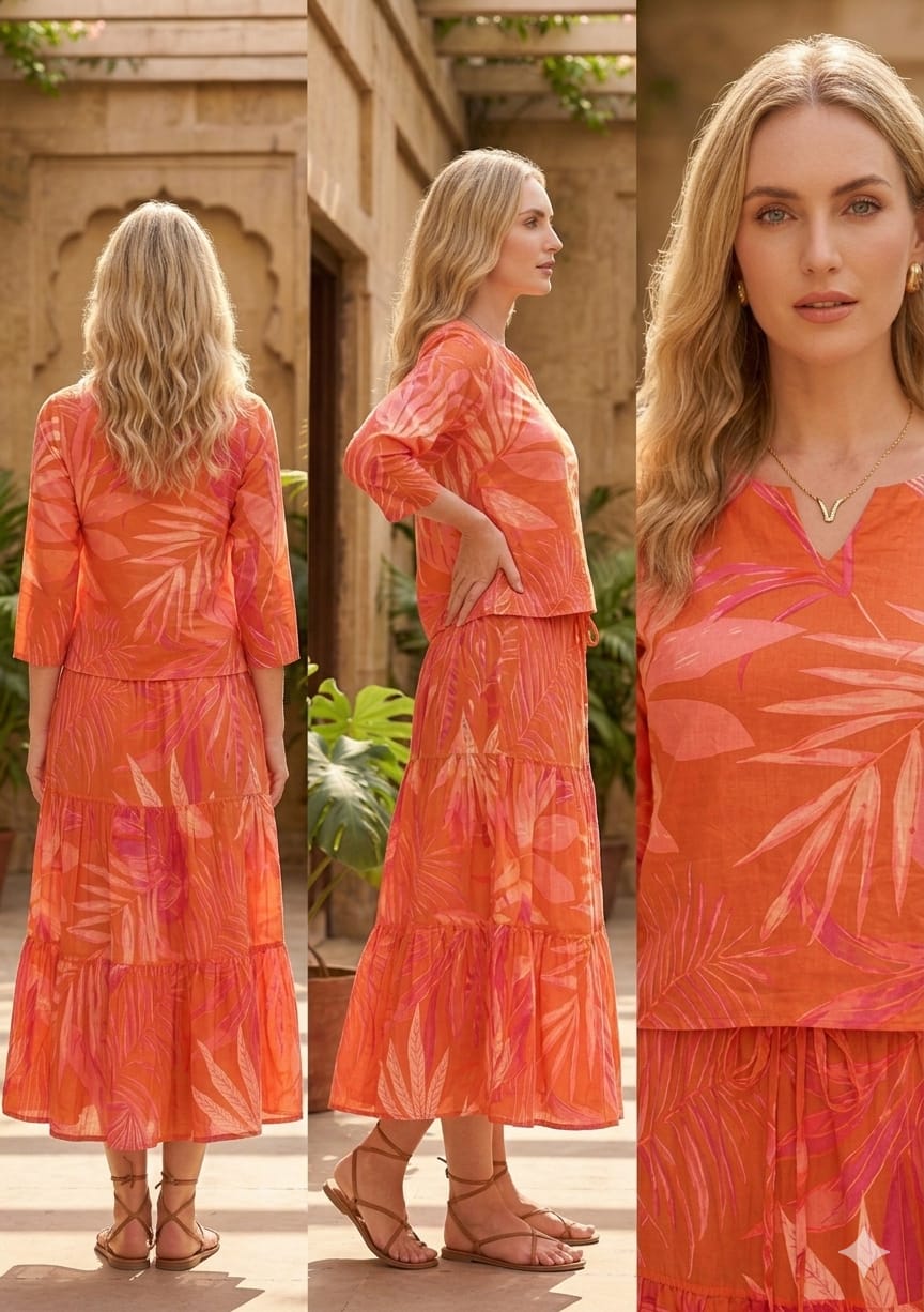 Women’s Orange Leaf Printed Cotton Kurta with Flared Skirt Set
