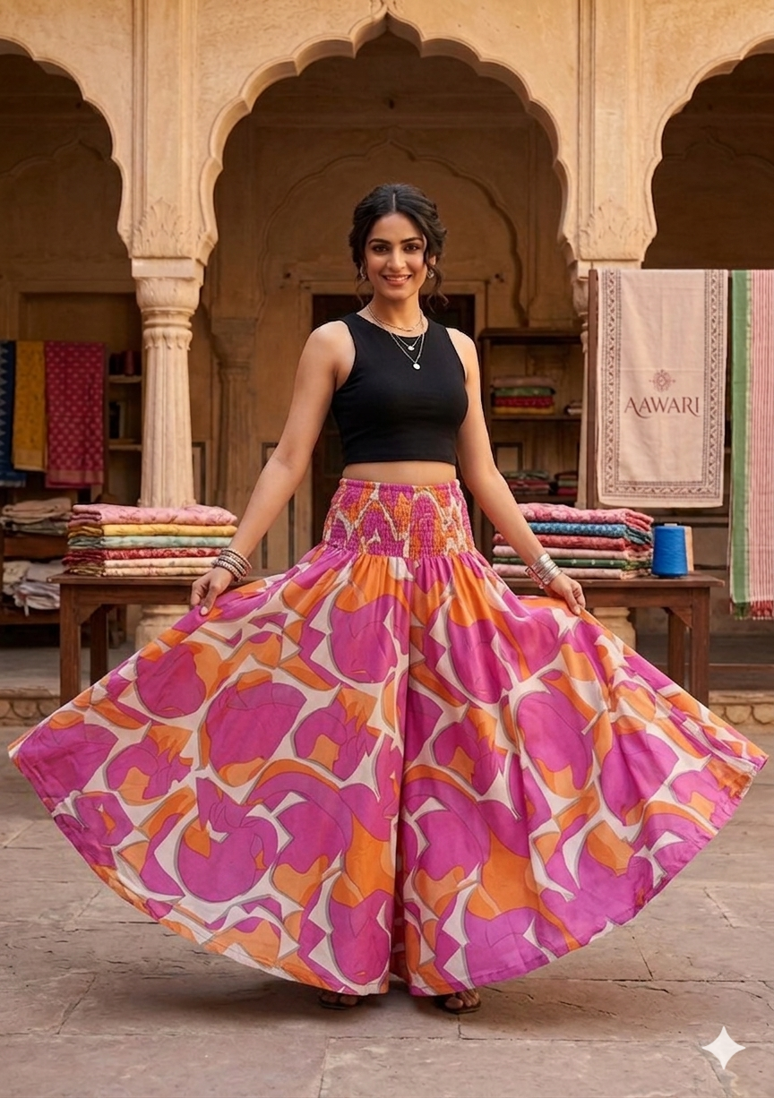 Women's Pink & Orange Abstract Elephant Print High-Waist Smocked Palazzo Pants