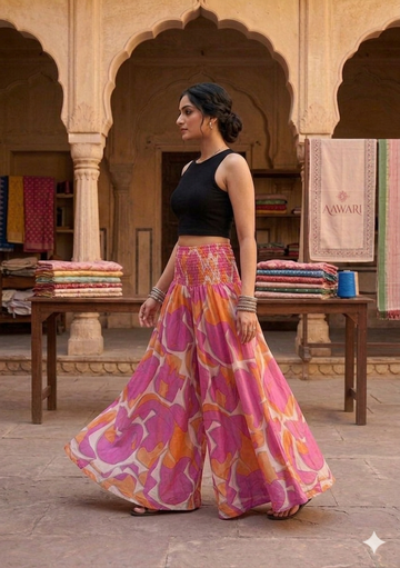 Women's Pink & Orange Abstract Elephant Print High-Waist Smocked Palazzo Pants