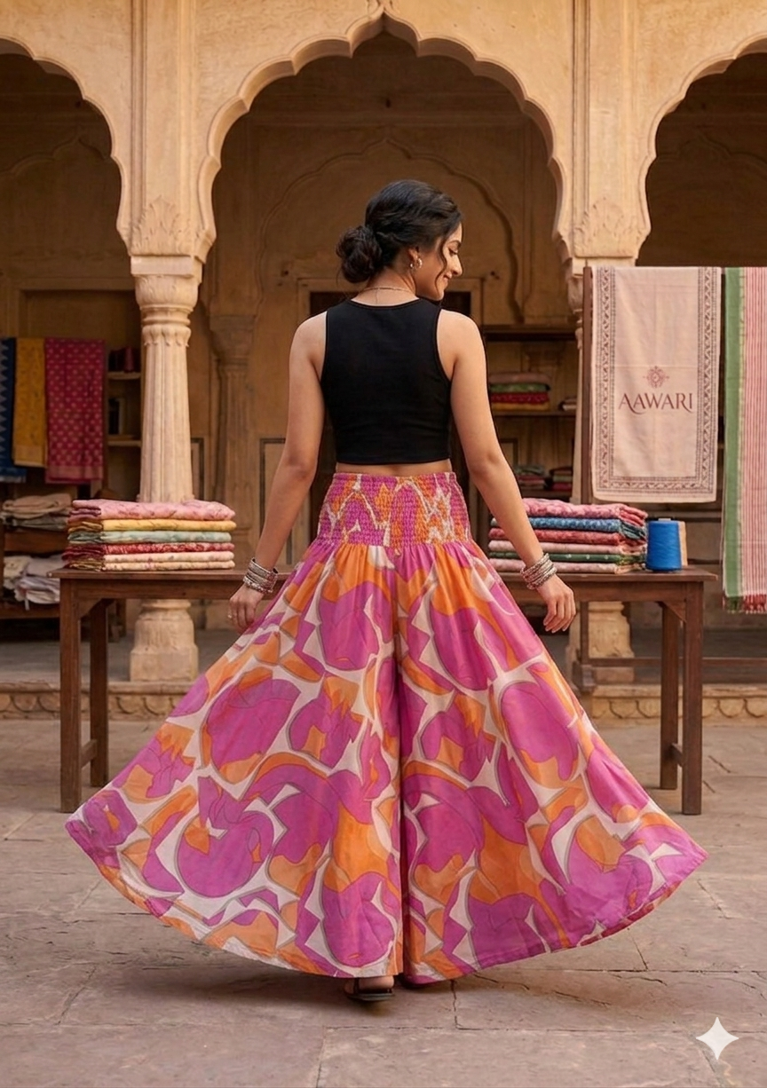 Women's Pink & Orange Abstract Elephant Print High-Waist Smocked Palazzo Pants