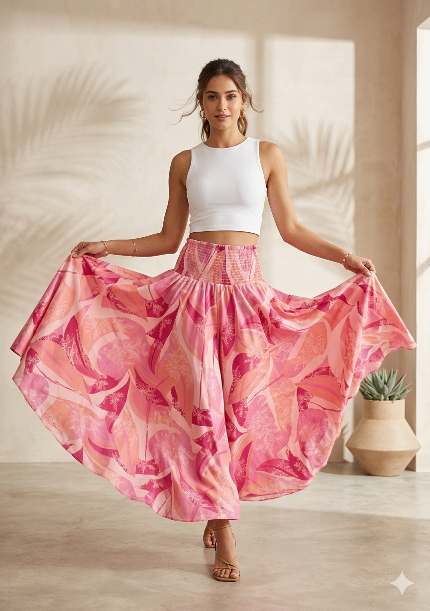 Women's Pink Abstract Print High-Waist Smocked Flared Palazzo Pants