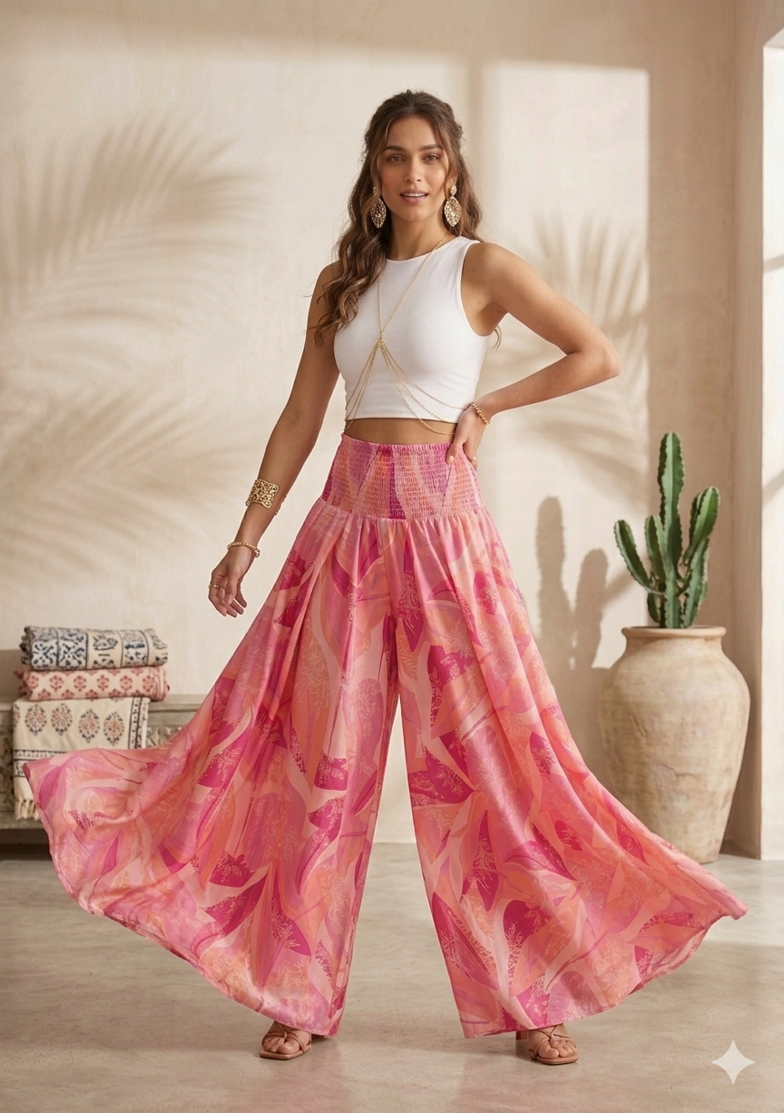 Women's Pink Abstract Print High-Waist Smocked Flared Palazzo Pants