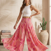 Women's Pink Abstract Print High-Waist Smocked Flared Palazzo Pants