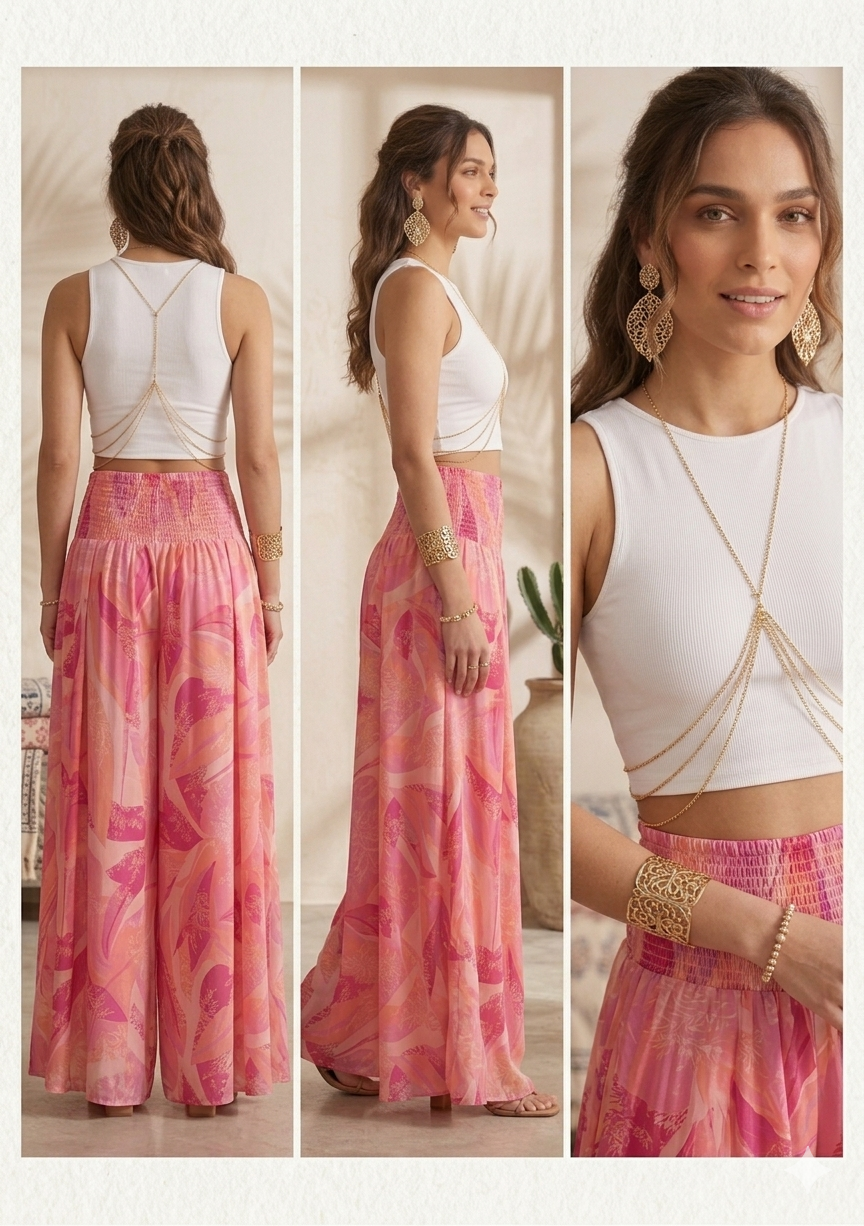 Women's Pink Abstract Print High-Waist Smocked Flared Palazzo Pants