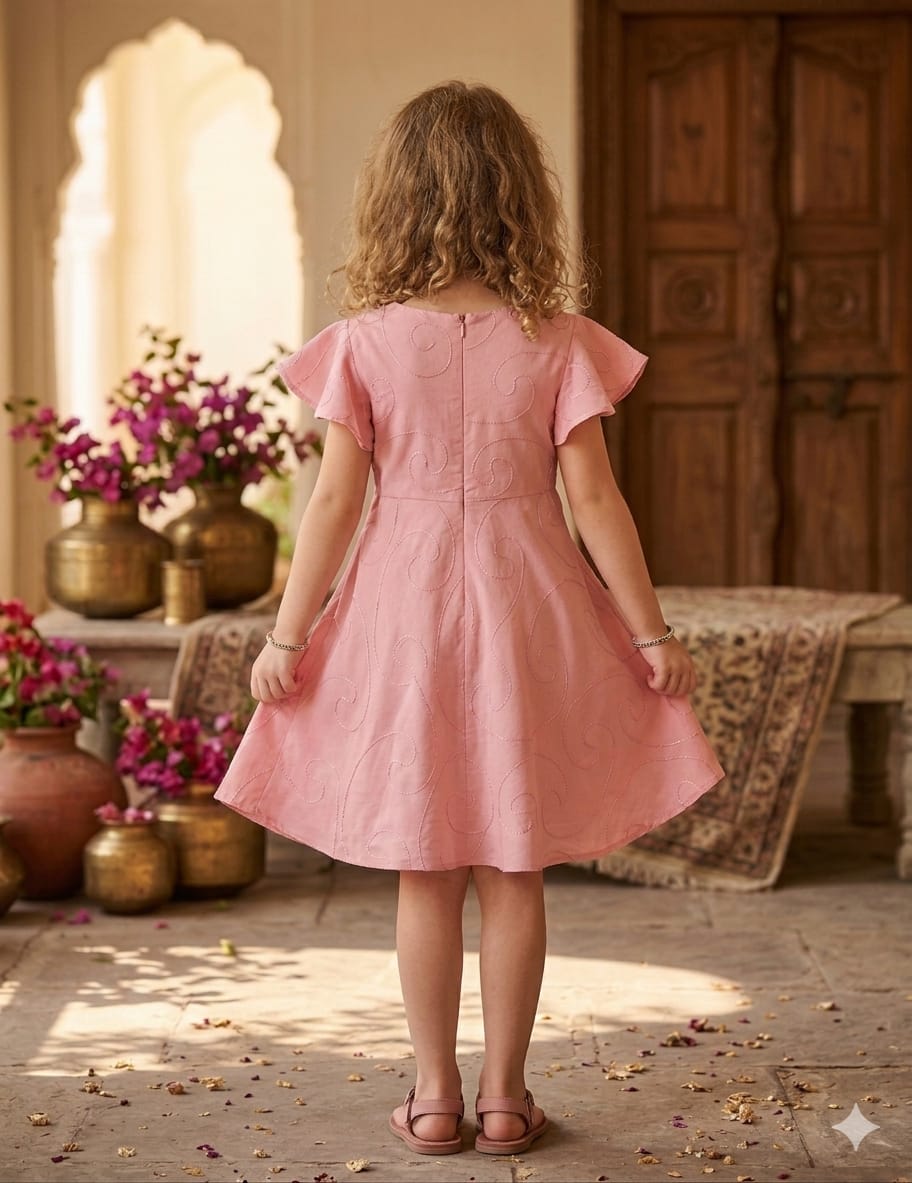 Baby Girls Peach Rayon Umbrella Style A-Line Dress with Drawstring Waist