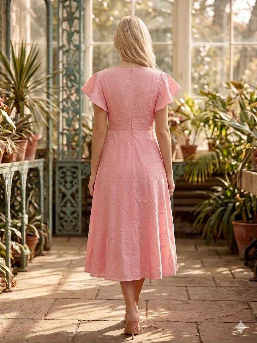 Women’s Peach Rayon Umbrella Style A-Line Dress with Drawstring Waist