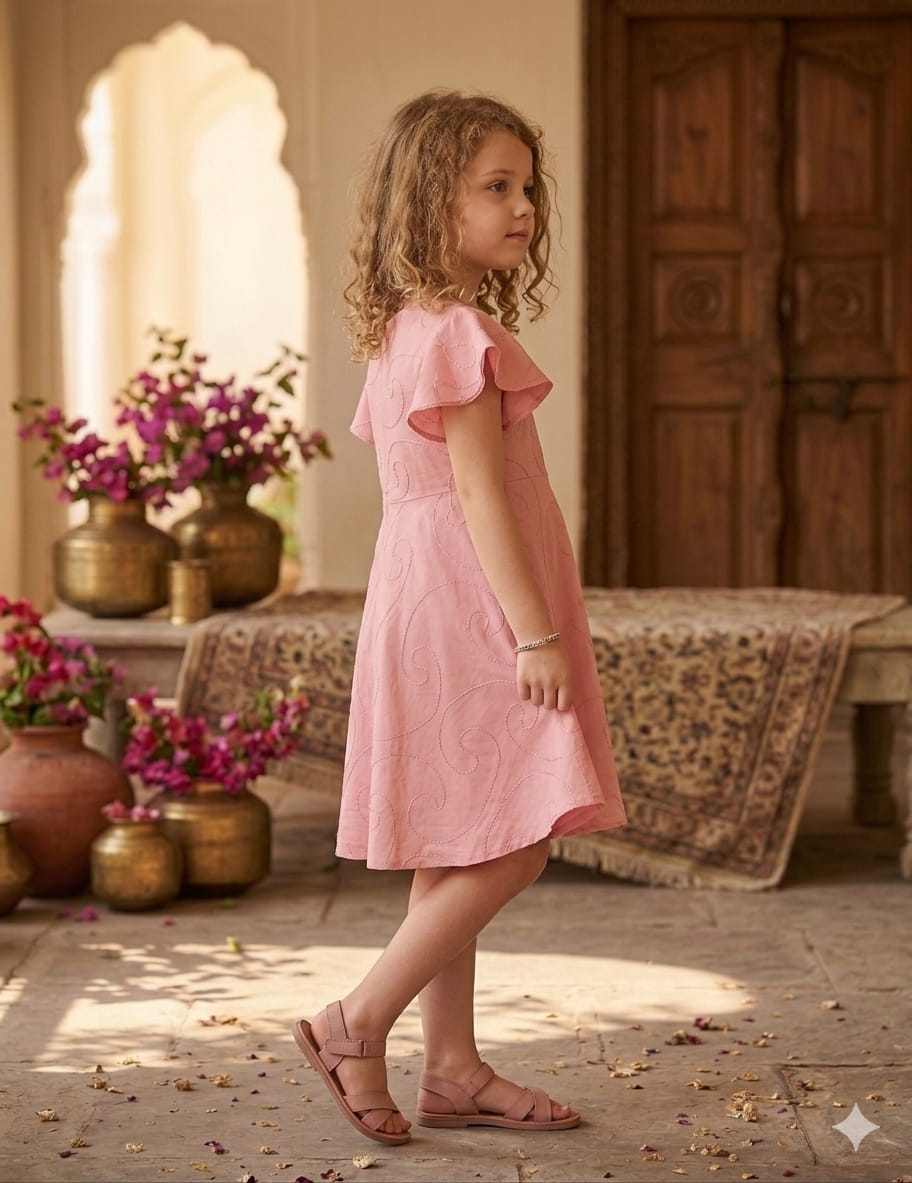 Baby Girls Peach Rayon Umbrella Style A-Line Dress with Drawstring Waist