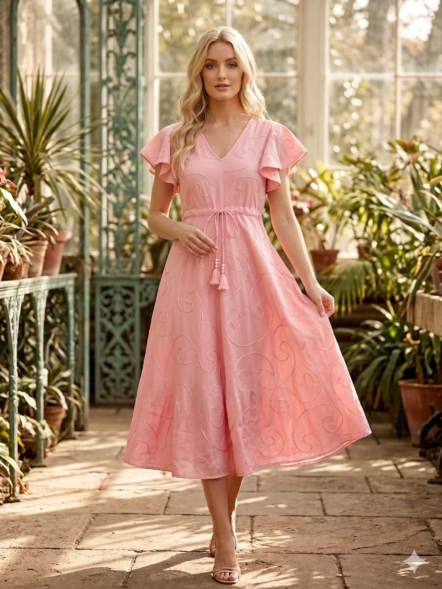 Women’s Peach Rayon Umbrella Style A-Line Dress with Drawstring Waist