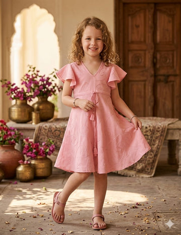Baby Girls Peach Rayon Umbrella Style A-Line Dress with Drawstring Waist