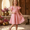 Baby Girls Peach Rayon Umbrella Style A-Line Dress with Drawstring Waist