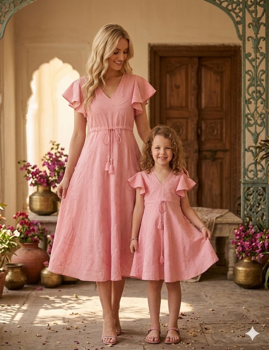 Mom & Me Peach Rayon Umbrella Style A-Line Dress with Drawstring Waist