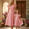 Mom & Me Peach Rayon Umbrella Style A-Line Dress with Drawstring Waist