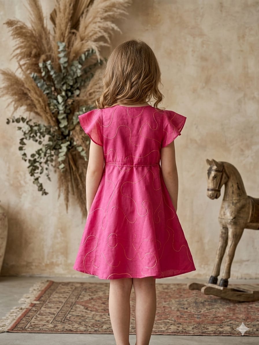 Baby Girls Pink Rayon Umbrella Style A-Line Dress with Drawstring Waist