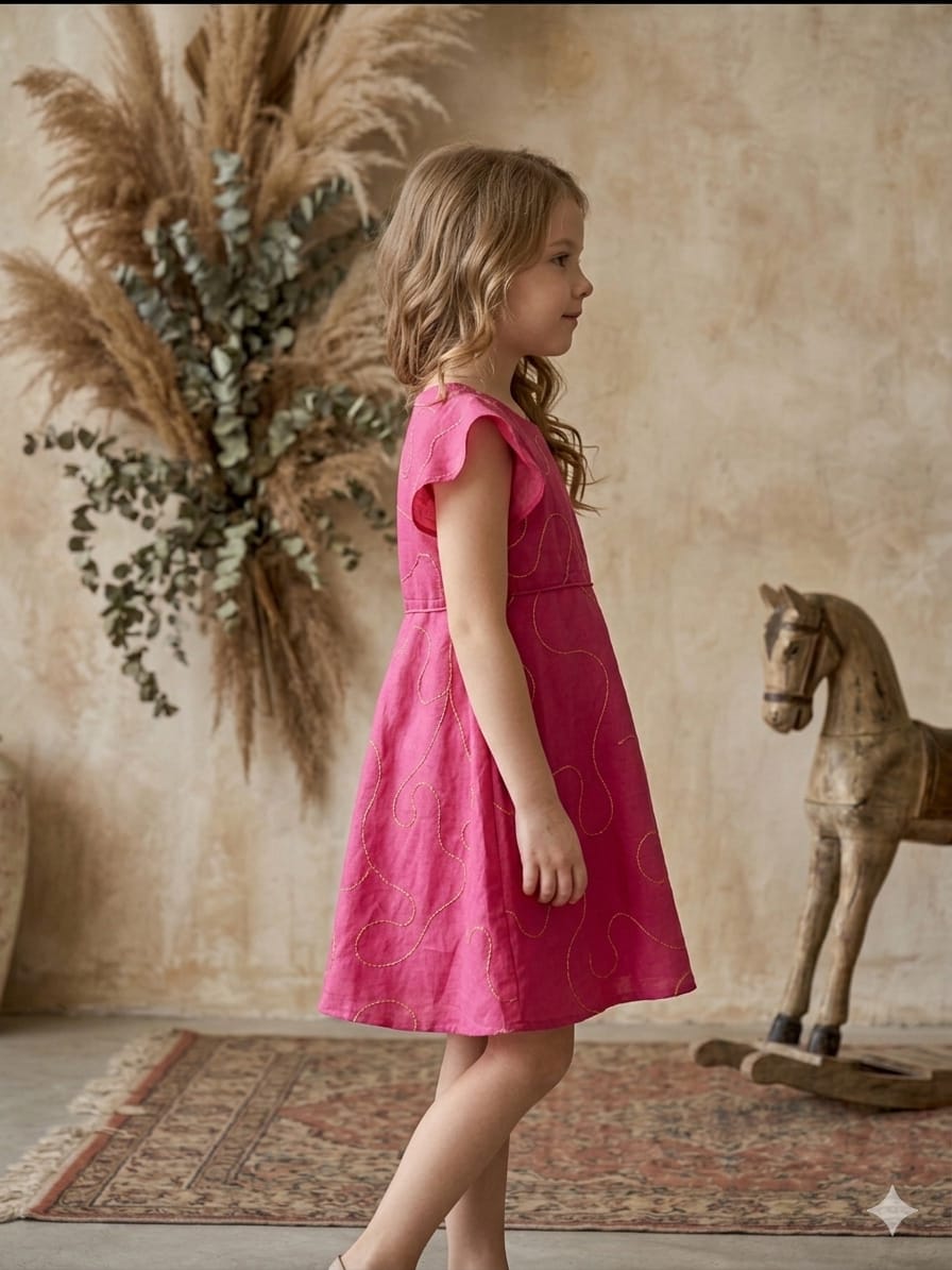 Baby Girls Pink Rayon Umbrella Style A-Line Dress with Drawstring Waist