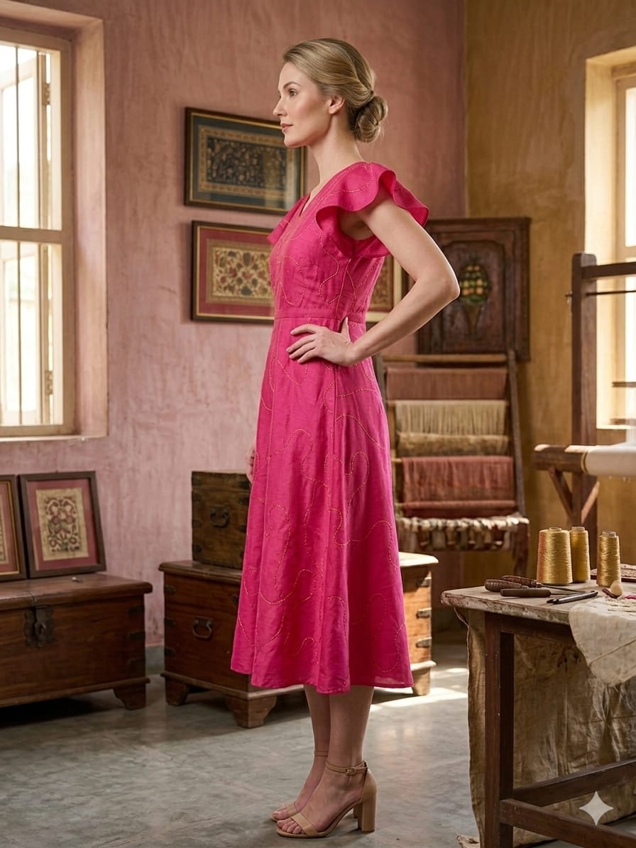 Women’s Pink Rayon Umbrella Style A-Line Dress with Drawstring Waist
