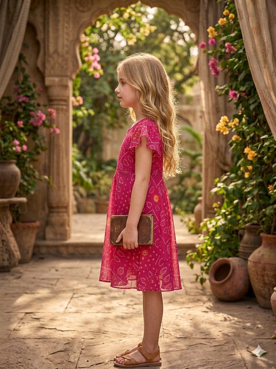 Baby Girls Pink Bandhej Printed Georgette Umbrella Style A-Line Dress with Flutter Sleeves