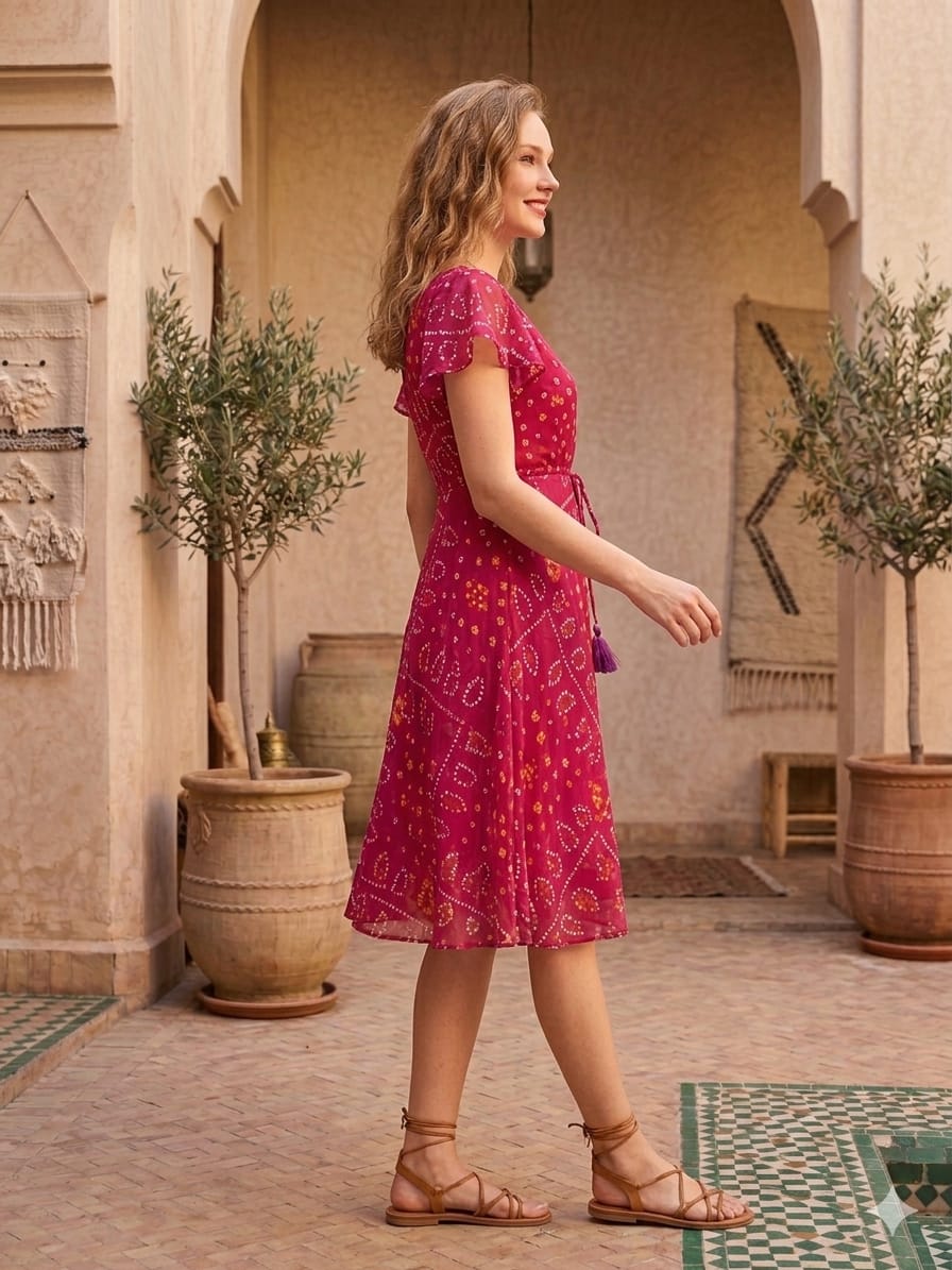Women’s Pink Bandhej Printed Georgette Umbrella Style A-Line Dress with Drawstring Waist