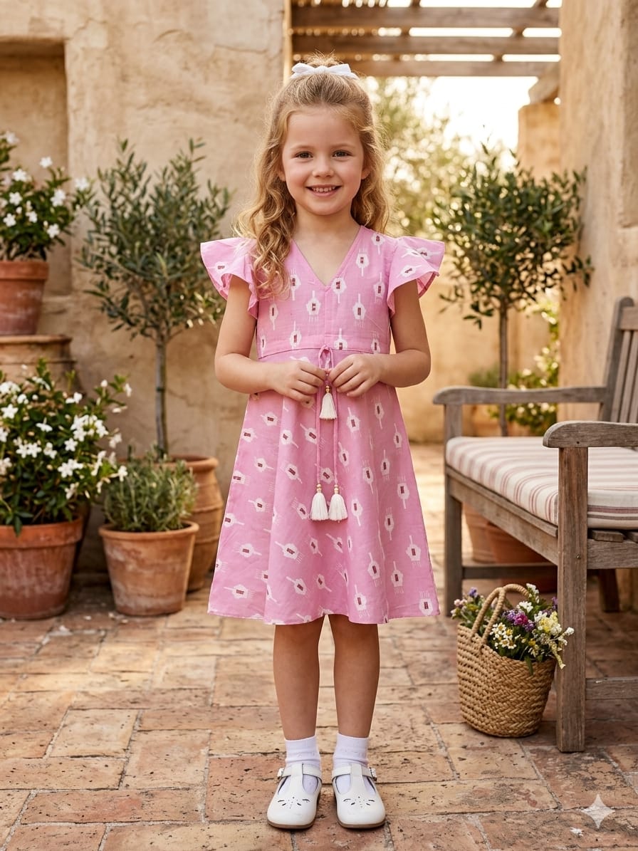Mom & Me Pink Boota Printed Chanderi Umbrella Style A-Line Dress with Drawstring Waist