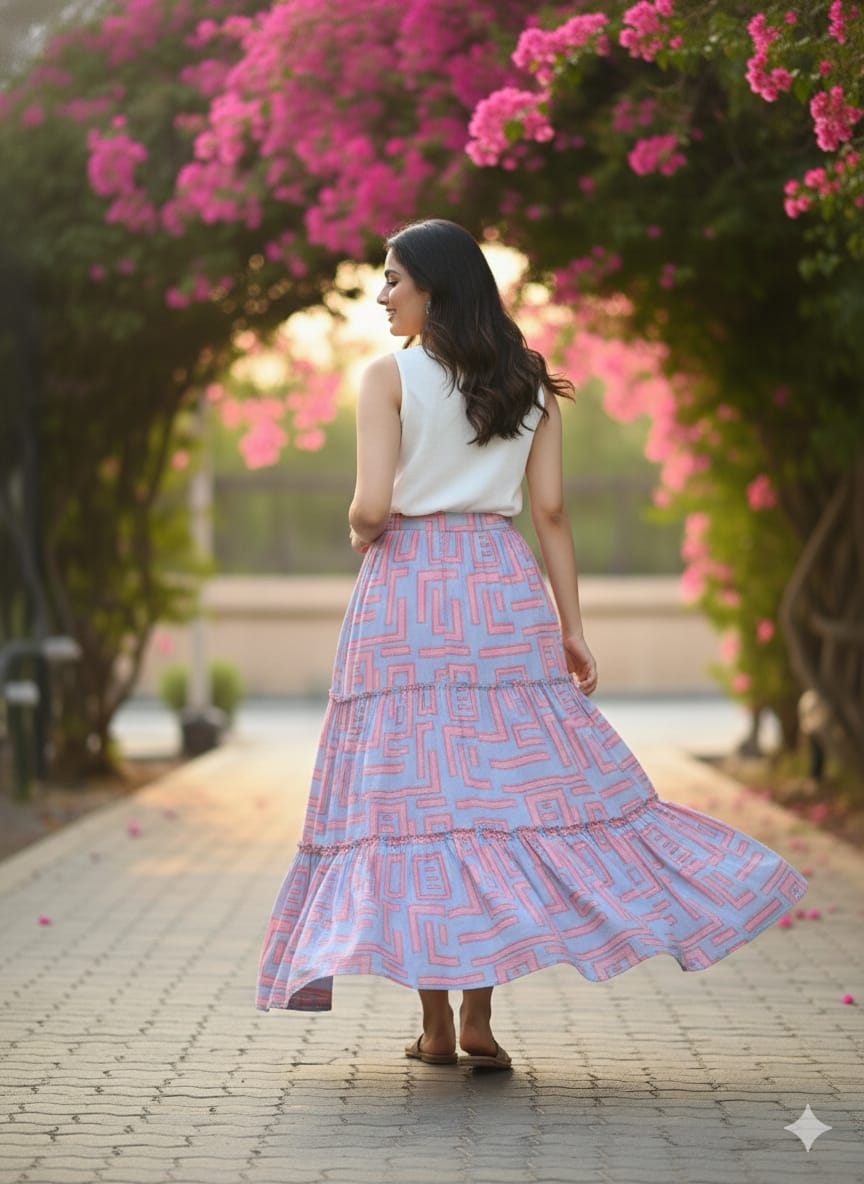 Women’s Pink Box Abstract Printed Rayon Tiered Skirt