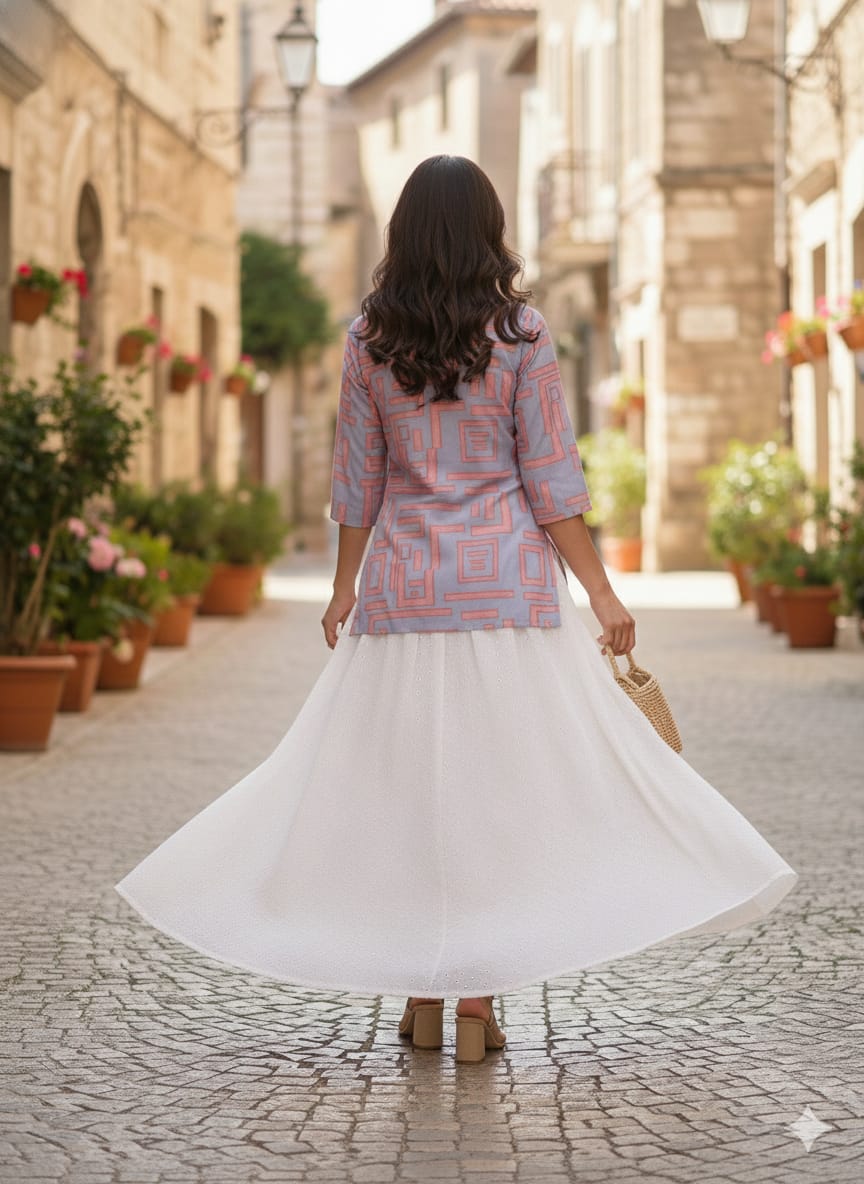 Women’s Pink Box Abstract Printed Rayon Kurta with Chikankari Flared Skirt Set