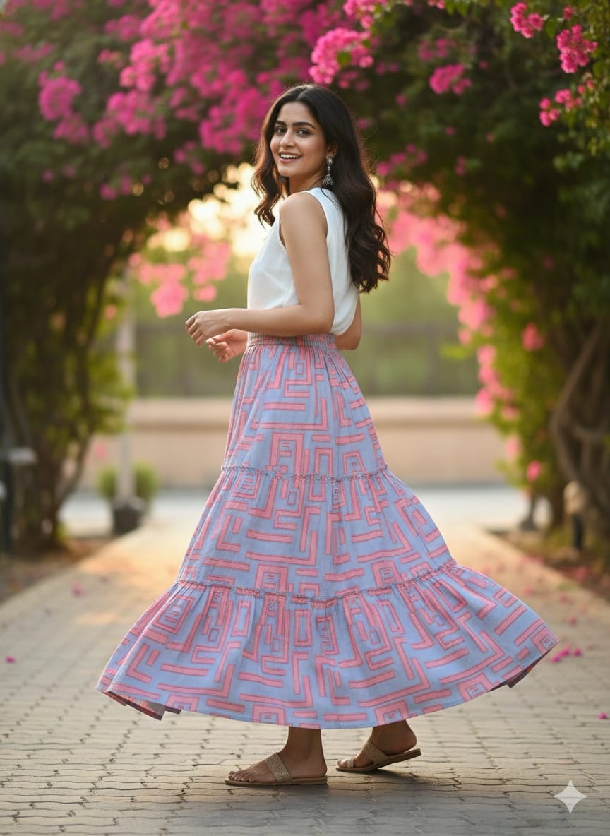Women’s Pink Box Abstract Printed Rayon Tiered Skirt