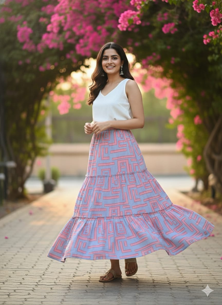 Women’s Pink Box Abstract Printed Rayon Tiered Skirt