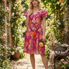 Women’s Dark Pink Floral Printed Cotton Umbrella Style A-Line Dress with Drawstring Waist
