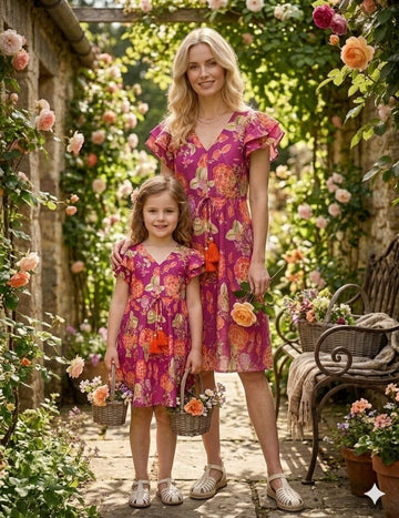 Mom & Me Dark Pink Floral Printed Cotton Umbrella Style A-Line Dress with Drawstring Waist