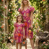 Mom & Me Dark Pink Floral Printed Cotton Umbrella Style A-Line Dress with Drawstring Waist