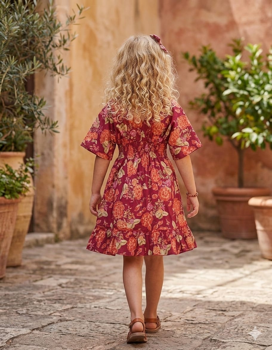 Baby Girls Dark Pink Floral Printed Cotton Kaftan A-Line Dress