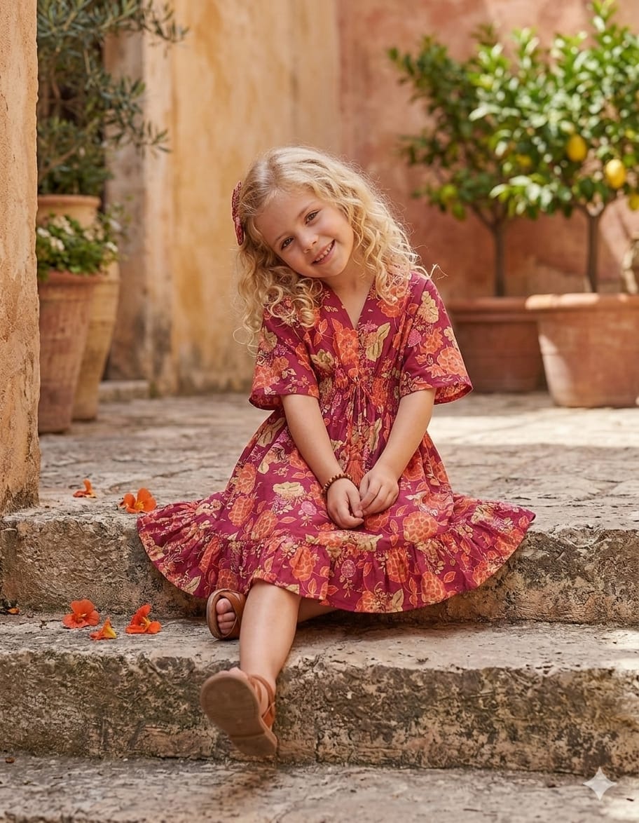 Baby Girls Dark Pink Floral Printed Cotton Kaftan A-Line Dress