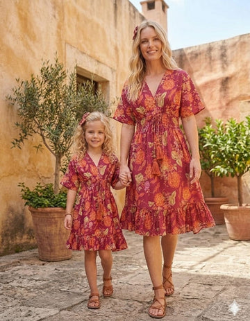 Mom & Me Pink Floral Printed Cotton Kaftan A-Line Dress