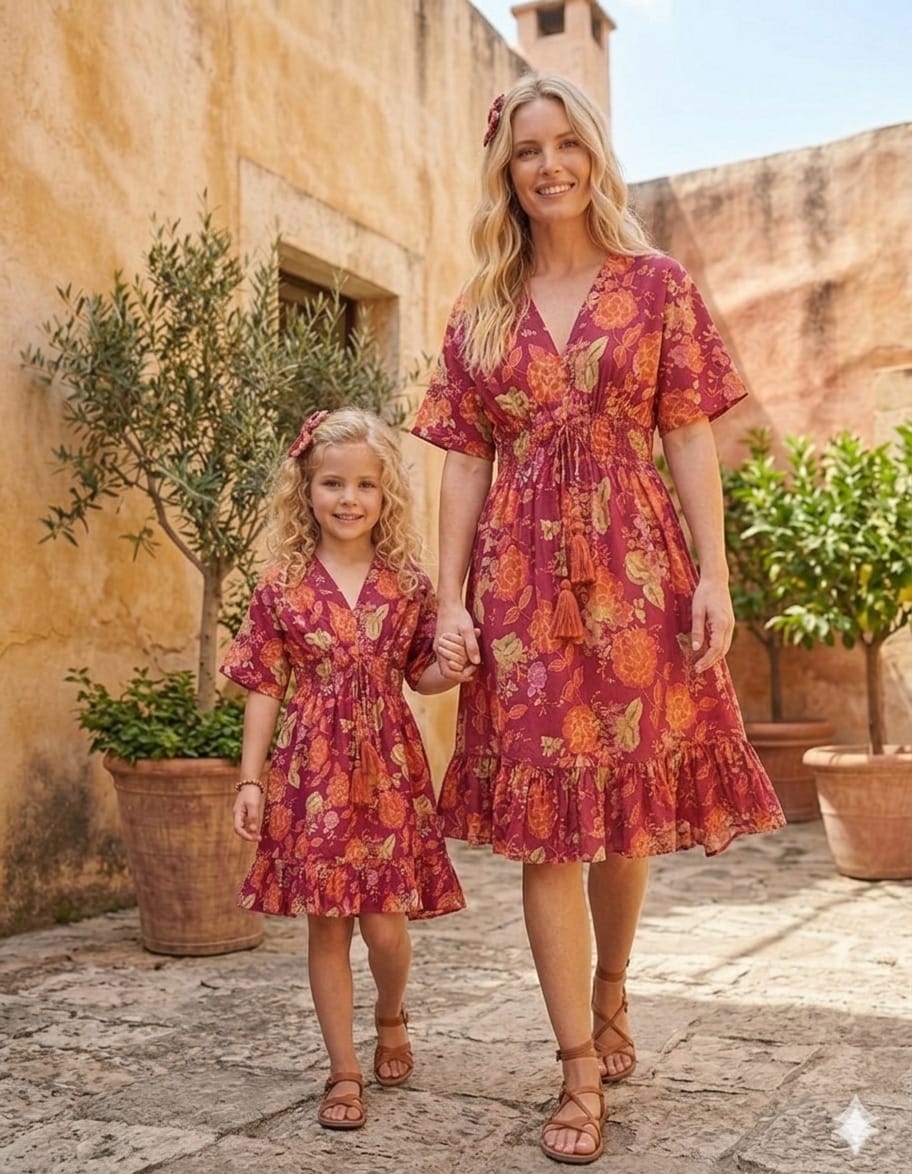 Mom & Me Pink Floral Printed Cotton Kaftan A-Line Dress