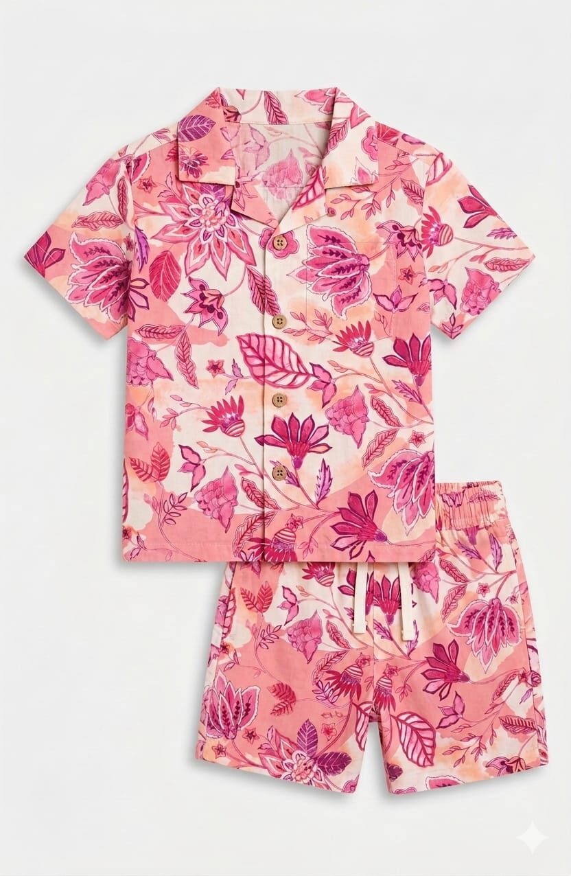 Boys Cotton Pink Botanical Printed Shirt & Shorts Co-Ord Set