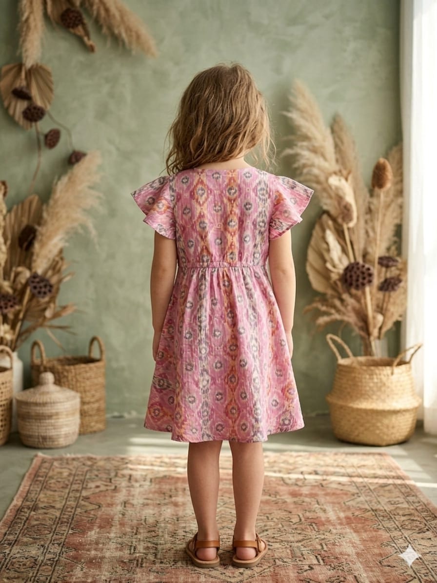 Baby Girls Pink Ikkat Printed Chanderi Umbrella Style A-Line Dress with Flutter Sleeves