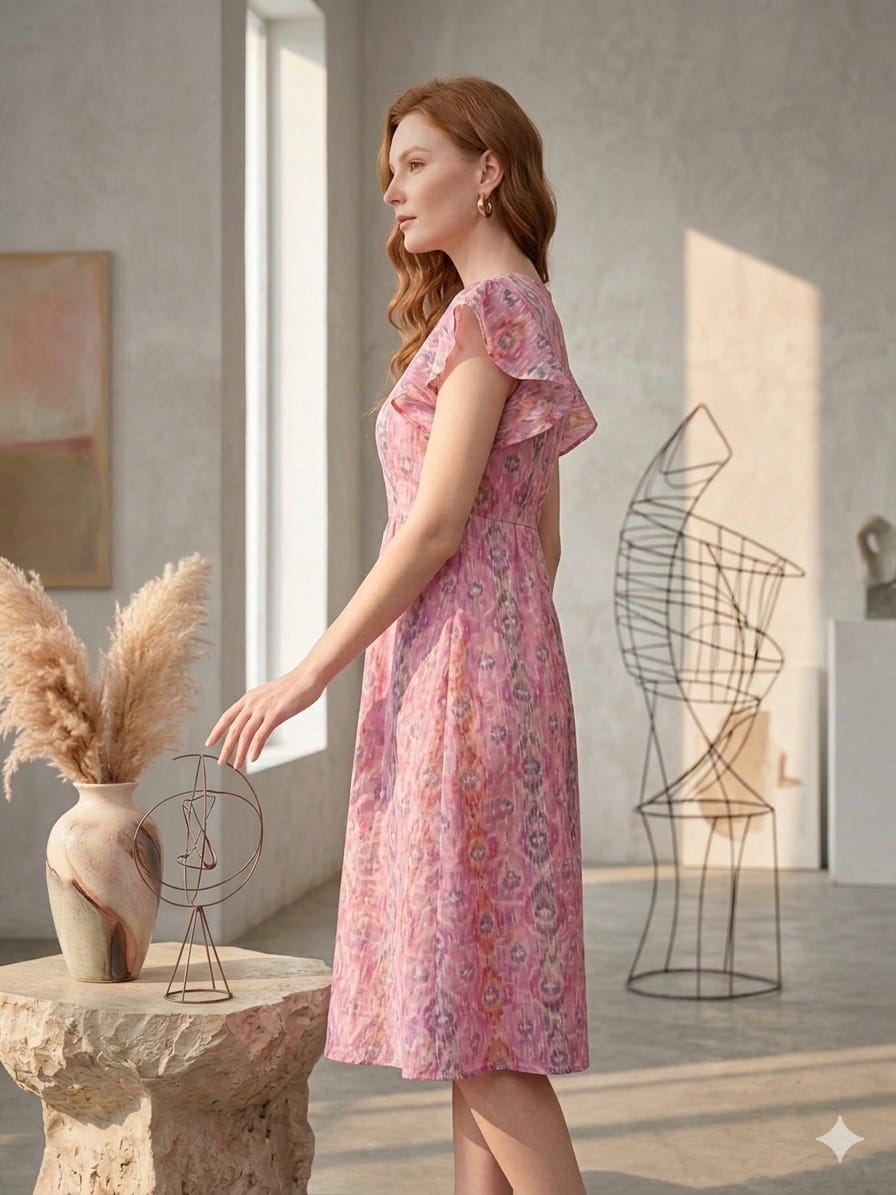 Mom & Me Pink Ikkat Printed Chanderi Umbrella Style A-Line Dress with Drawstring Waist