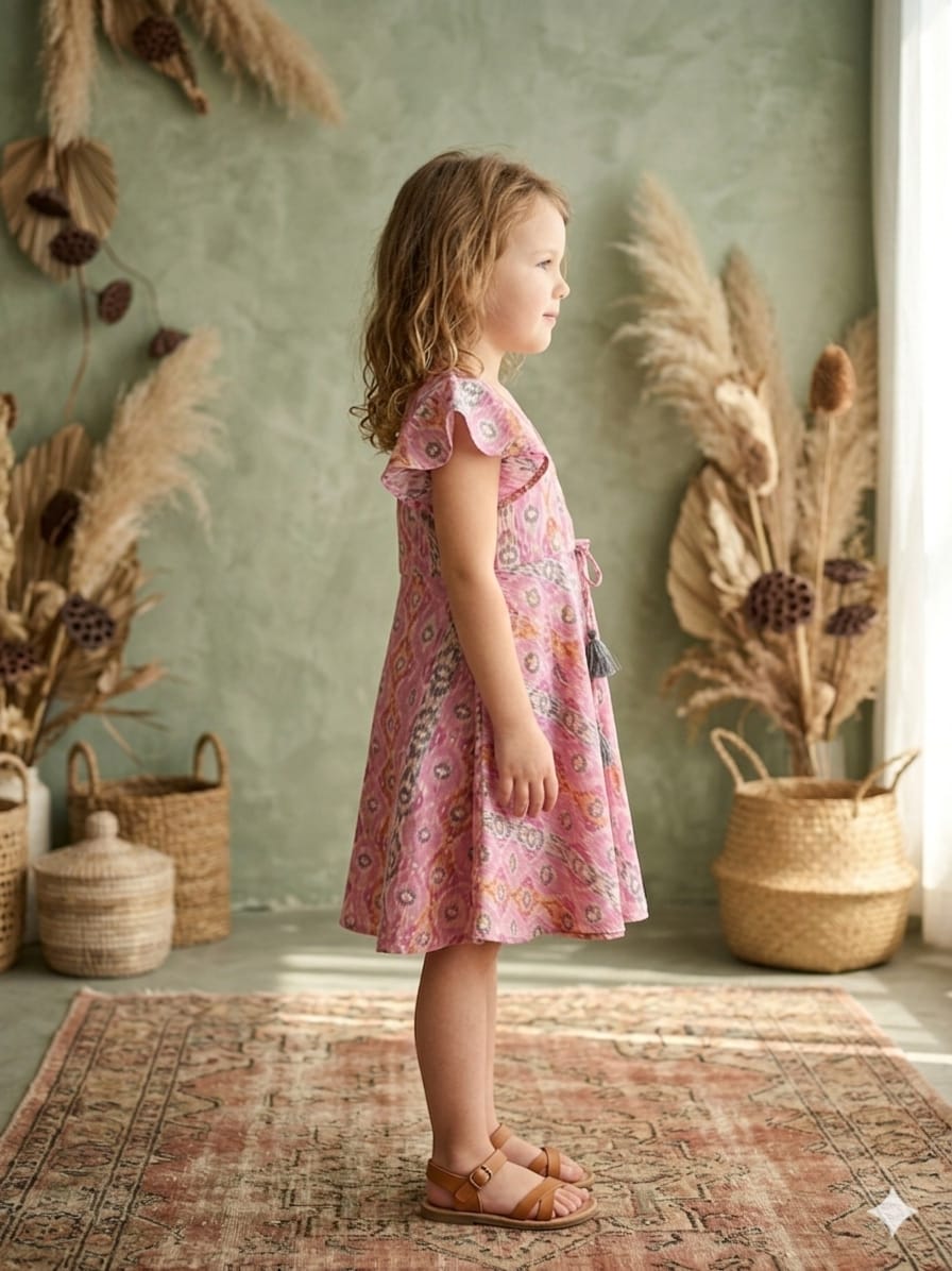 Mom & Me Pink Ikkat Printed Chanderi Umbrella Style A-Line Dress with Drawstring Waist