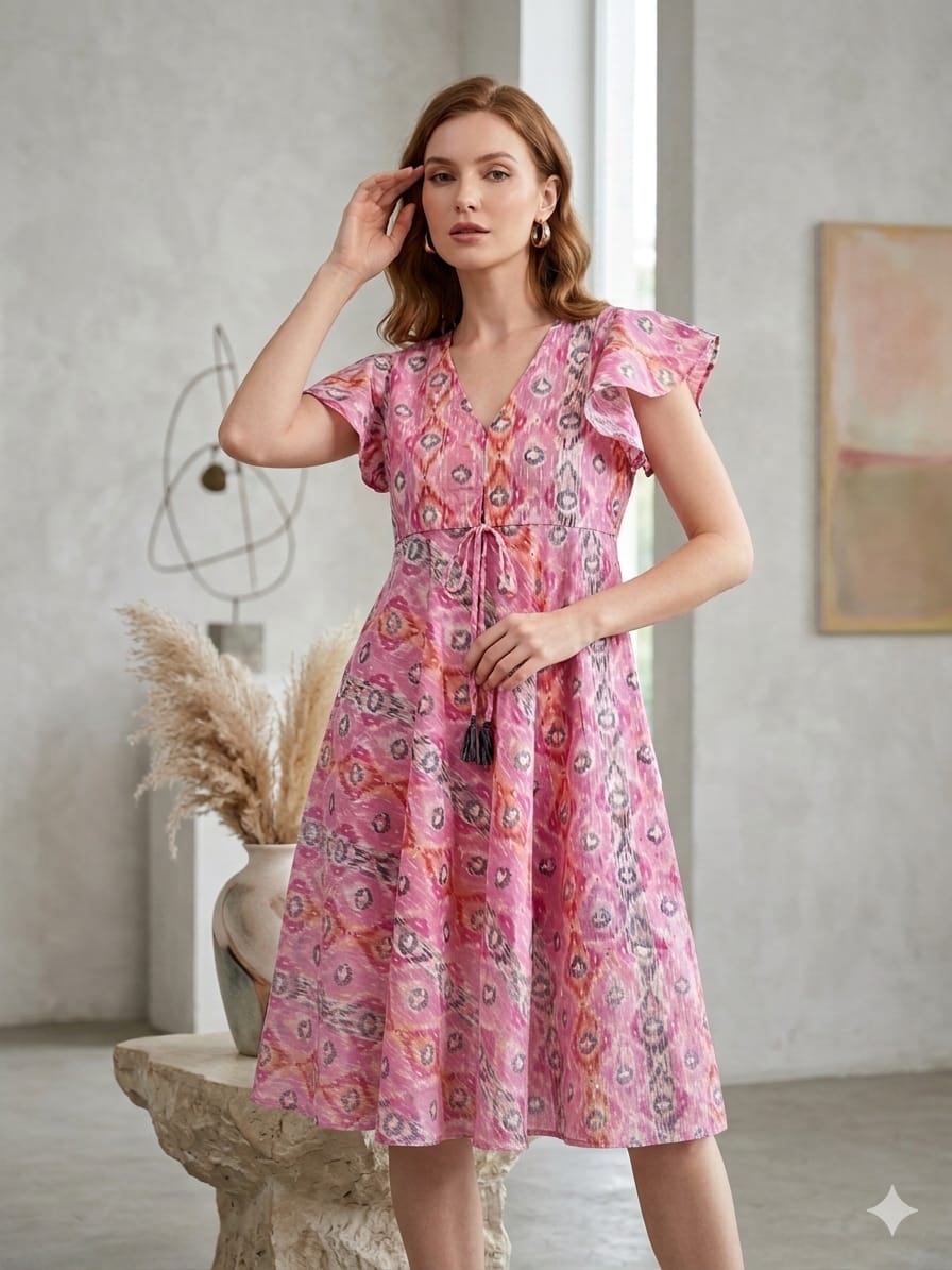 Mom & Me Pink Ikkat Printed Chanderi Umbrella Style A-Line Dress with Drawstring Waist