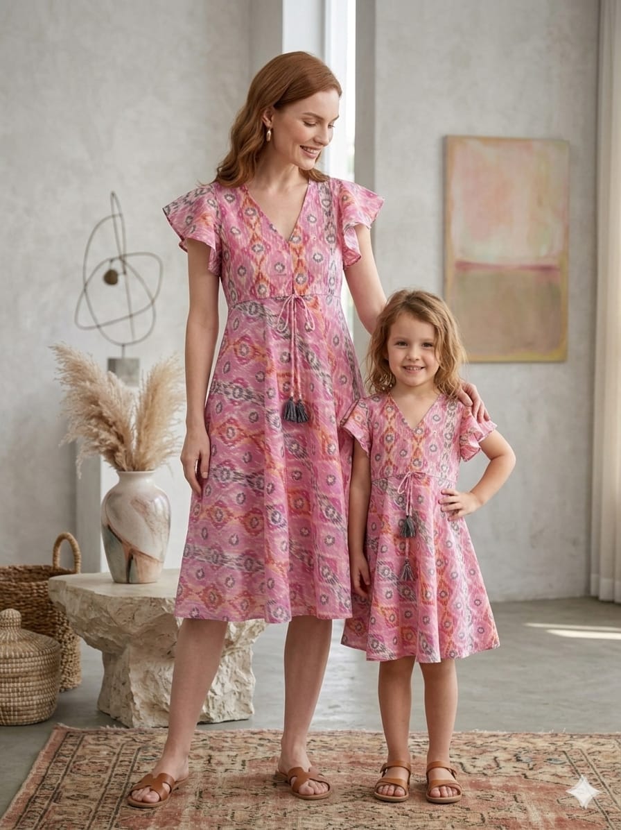 Mom & Me Pink Ikkat Printed Chanderi Umbrella Style A-Line Dress with Drawstring Waist