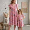 Mom & Me Pink Ikkat Printed Chanderi Umbrella Style A-Line Dress with Drawstring Waist